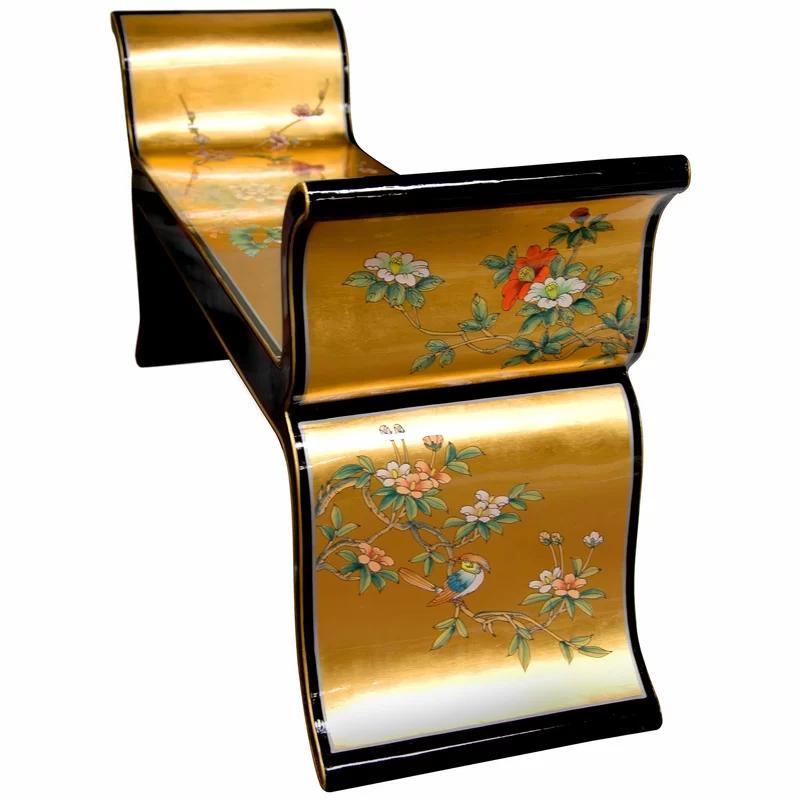 Oriental Gold Leaf Hand-Painted Birds & Flowers Solid Wood Bench