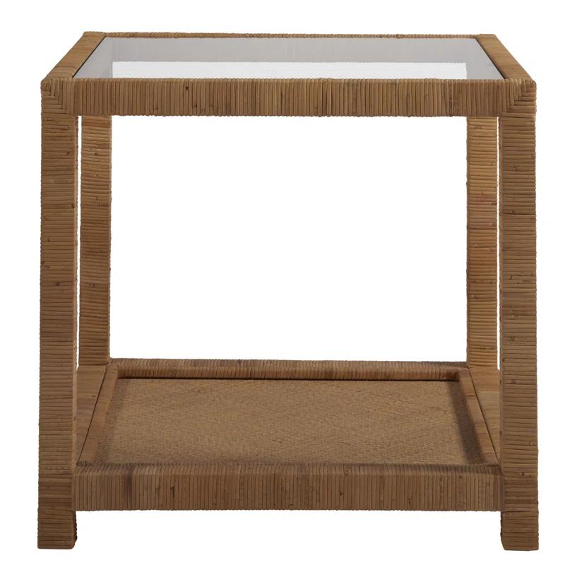 Coastal Charm 26" Brown Rattan and Glass Square End Table