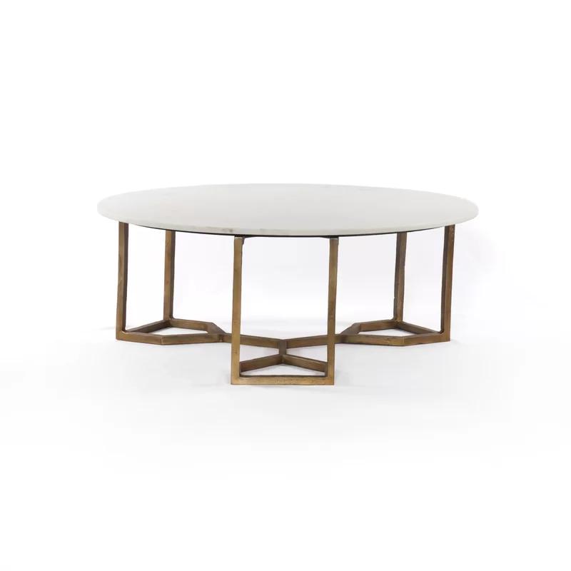 Contemporary 39" Round Marble & Wood Coffee Table with Brass Base