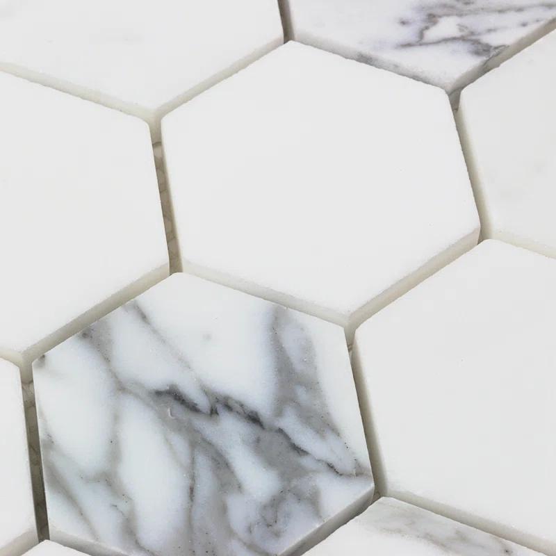 Hexagon Marble Mosaic Tile in White/Gray
