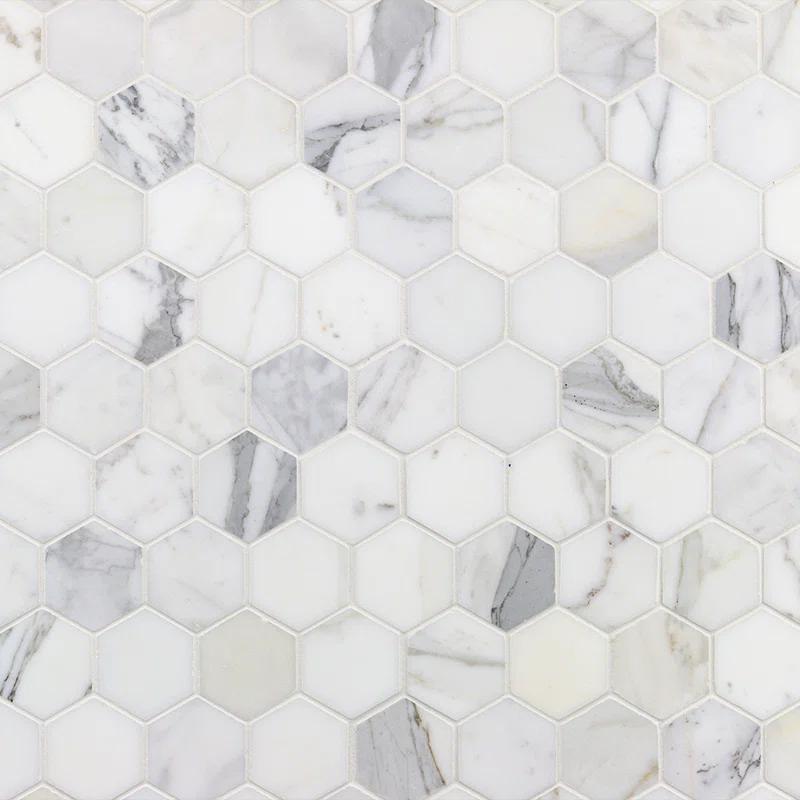 Hexagon Marble Mosaic Tile in White/Gray