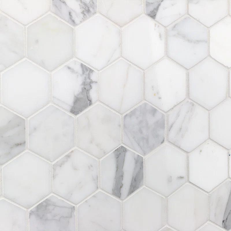 Hexagon Marble Mosaic Tile in White/Gray