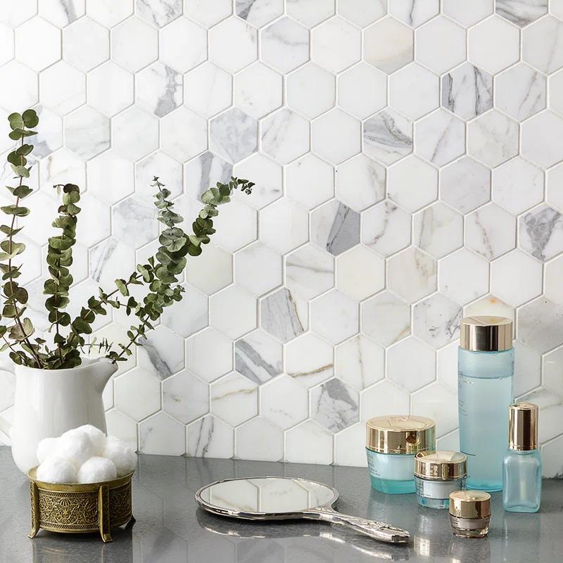 Hexagon Marble Mosaic Tile in White/Gray