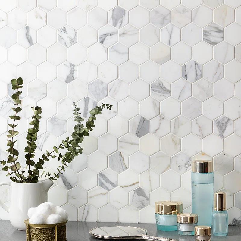 Hexagon Marble Mosaic Tile in White/Gray