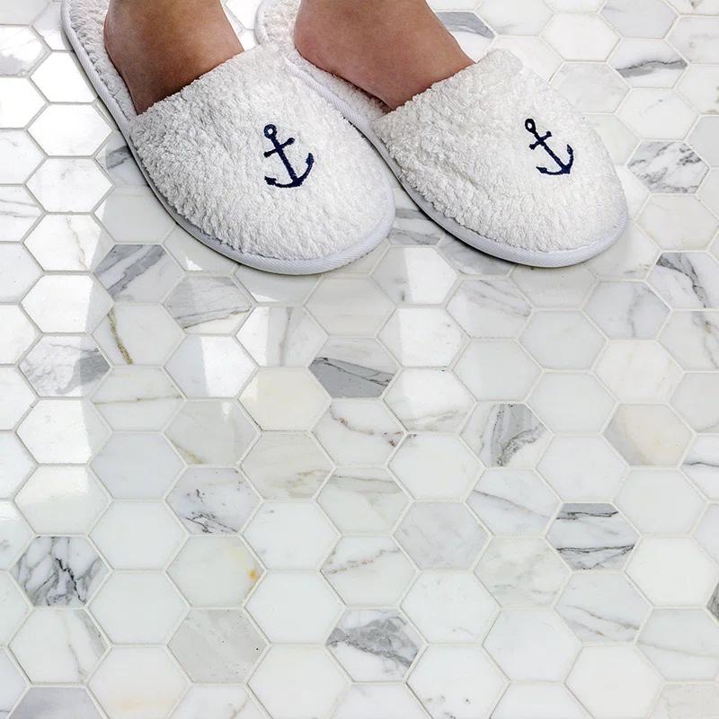 Hexagon Marble Mosaic Tile in White/Gray