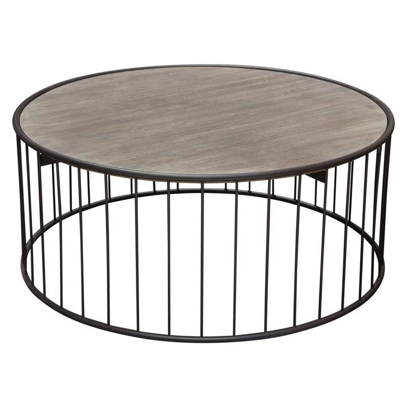 38" Grey Oak and Iron Round Rustic Coffee Table