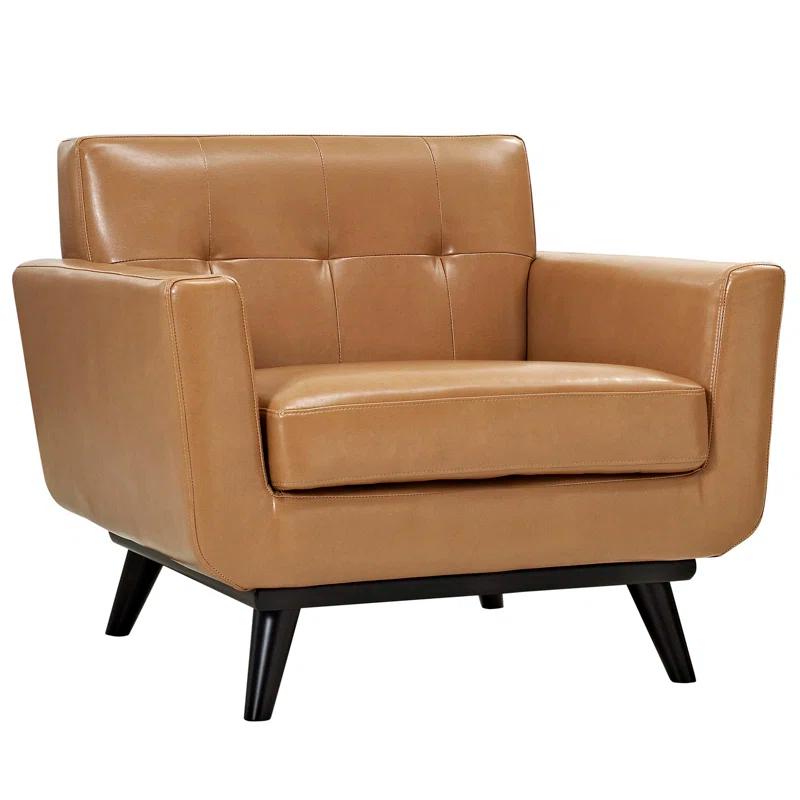 Mid-Century Tan Leather Accent Chair with Rubberwood Legs
