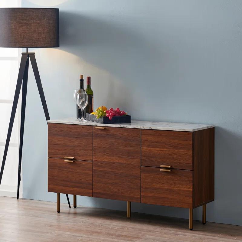 Ashton Mid-Century Modern Walnut Sideboard with Faux Marble Top