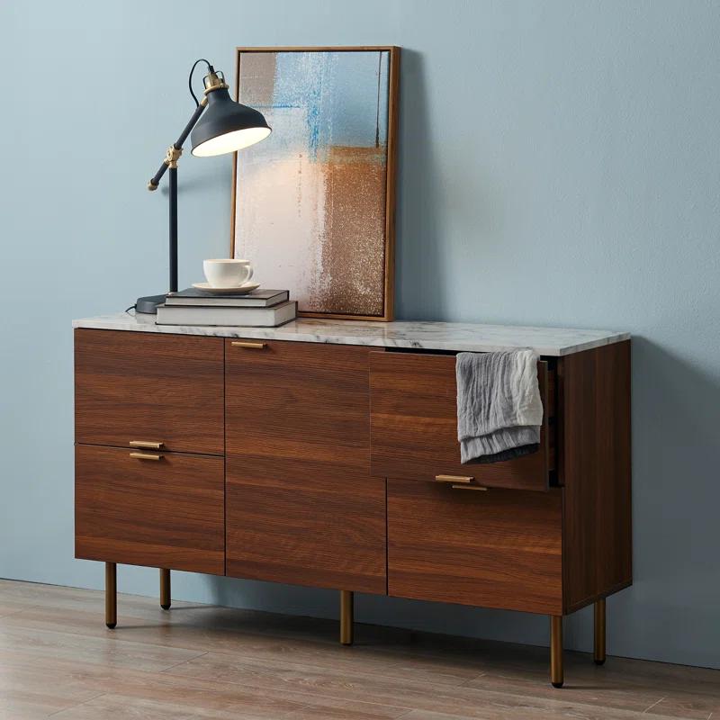 Ashton Mid-Century Modern Walnut Sideboard with Faux Marble Top