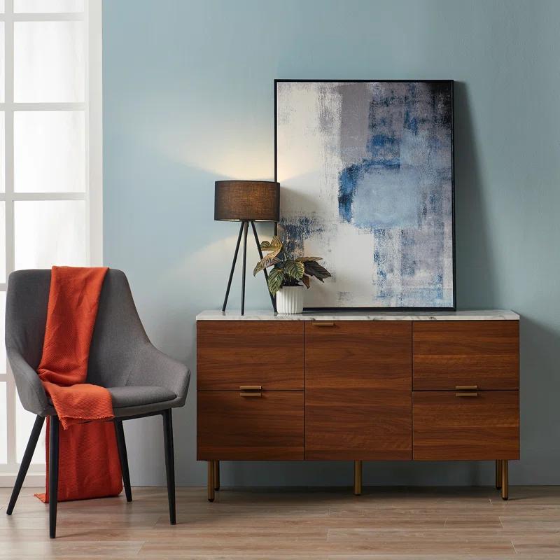 Ashton Mid-Century Modern Walnut Sideboard with Faux Marble Top