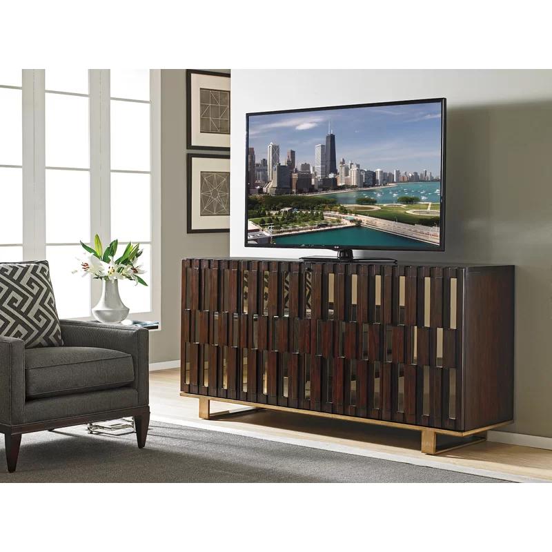 Transitional Mahogany Media Console with Bronze Mirror Accents