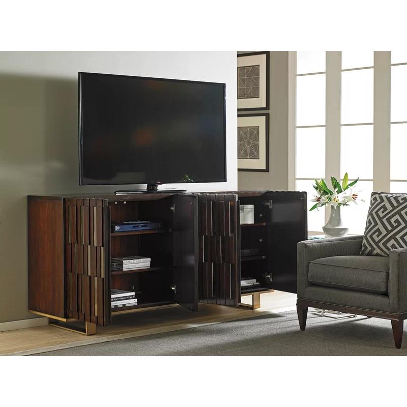 Transitional Mahogany Media Console with Bronze Mirror Accents