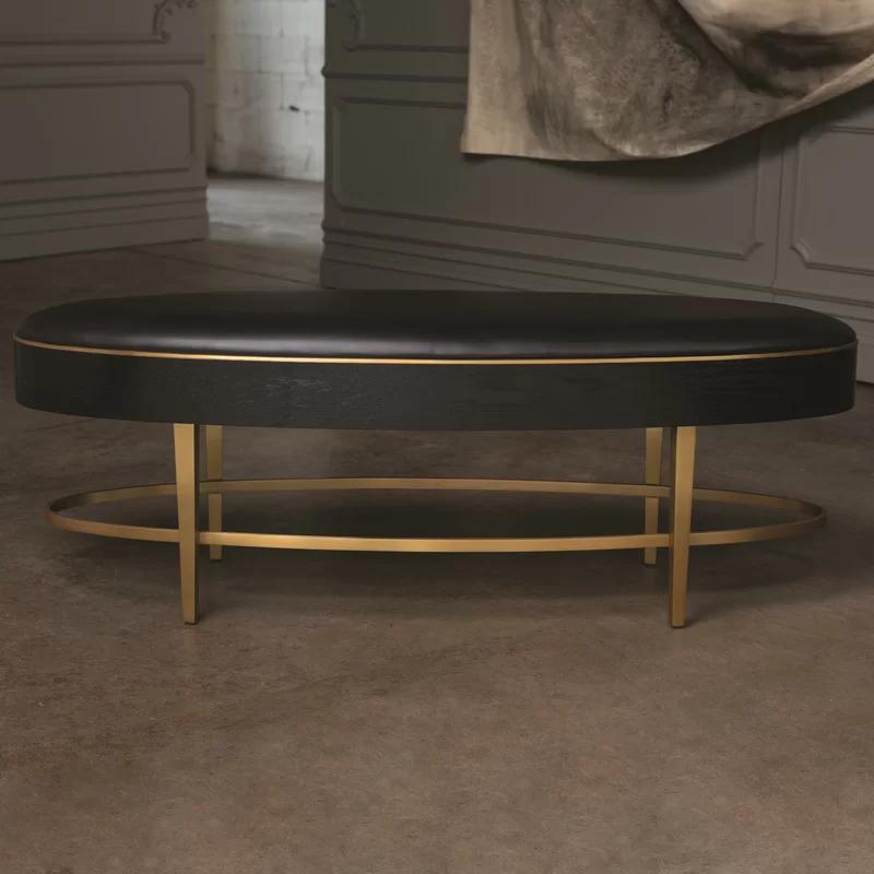 Ebony Black Lacquer and Brass Ellipse Bench