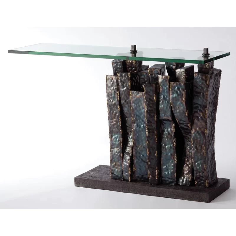 Brutalist Brass Braised Metal & Glass Console Table