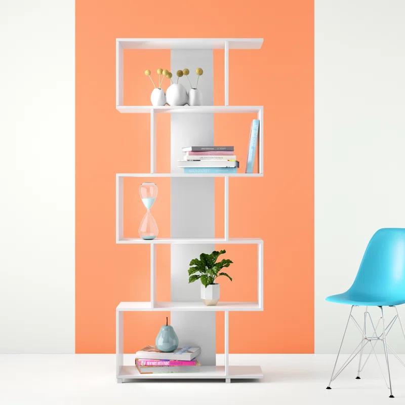 White Geometric Wood Bookcase with Cubes