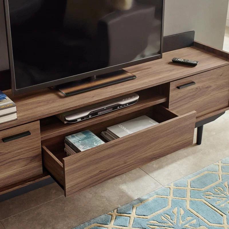 Modern Linear Walnut Black 71" TV Stand with Sleek Storage
