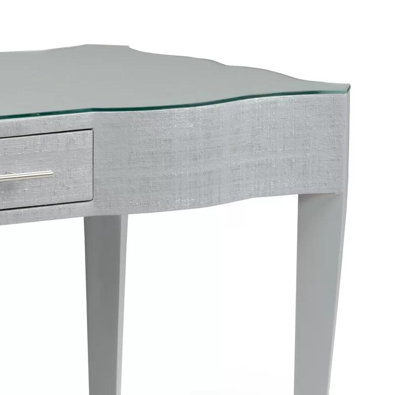 Harlee Transitional Gray Raffia Writing Desk with Glass Top
