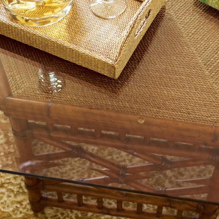 Traditional Key Largo Brown Rattan Cocktail Table with Glass Top