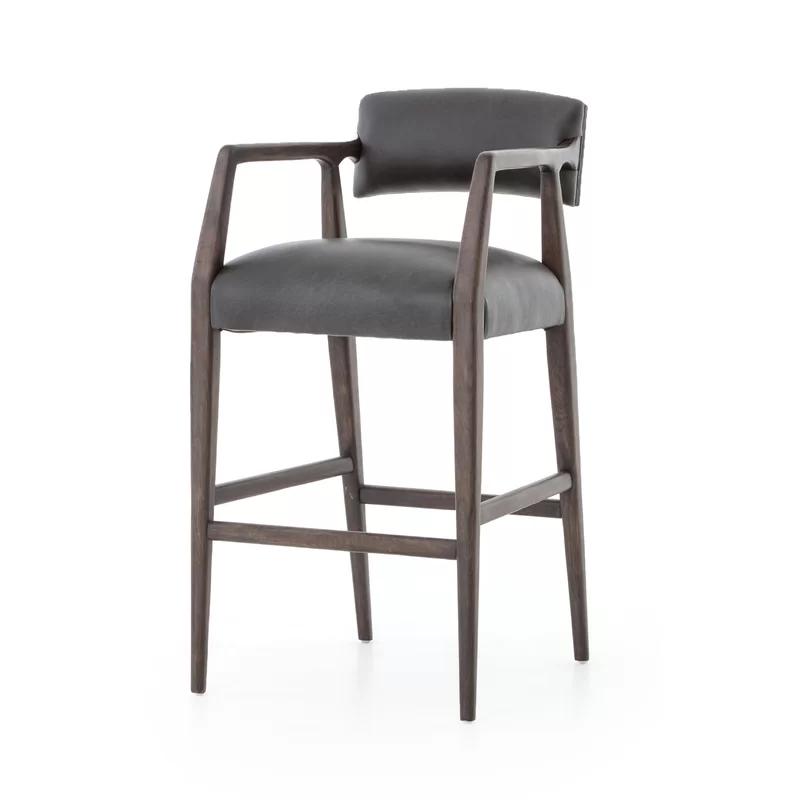 Black Leather and Wood Contemporary Bar Stool