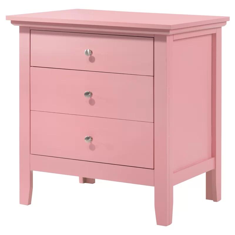 Transitional Pink 3-Drawer Nightstand with Nickel Accents