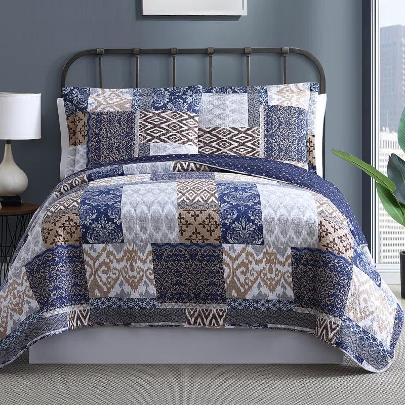 Blue and Beige Cotton Reversible Full Quilt Set