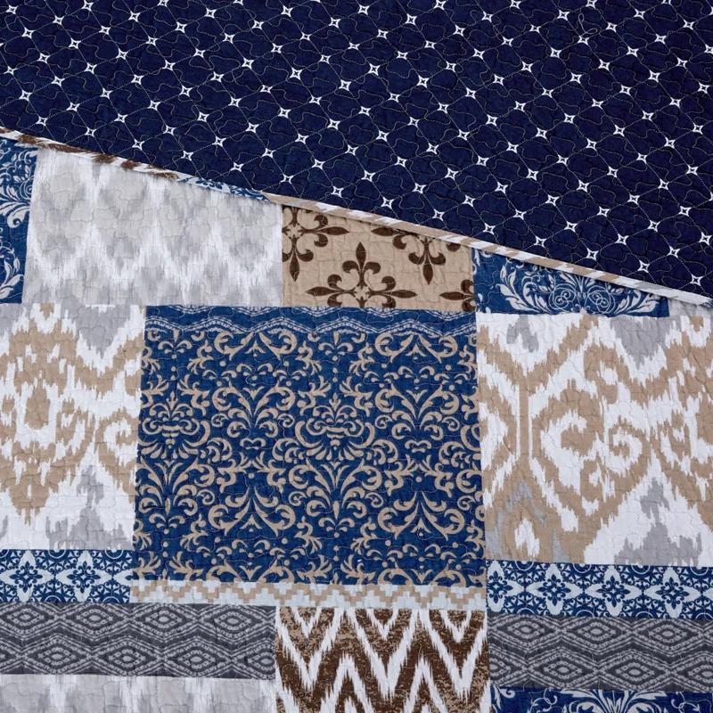 Blue and Beige Cotton Reversible Full Quilt Set