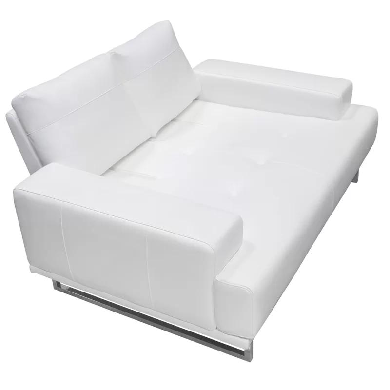 Chic White Air Leather Convertible Loveseat with Chrome Legs