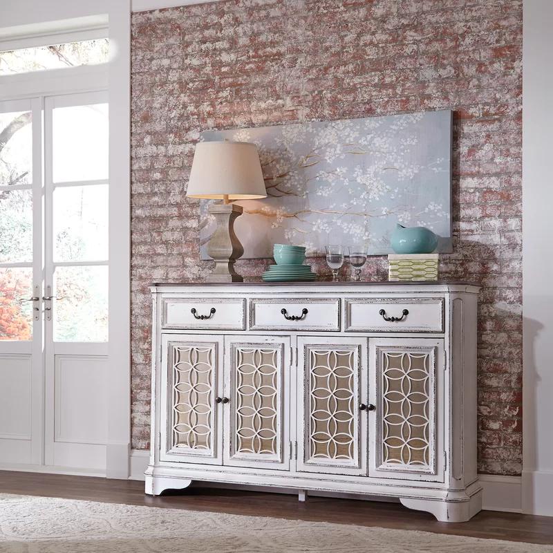 Antique White and Weathered Brown Mirrored Hall Buffet