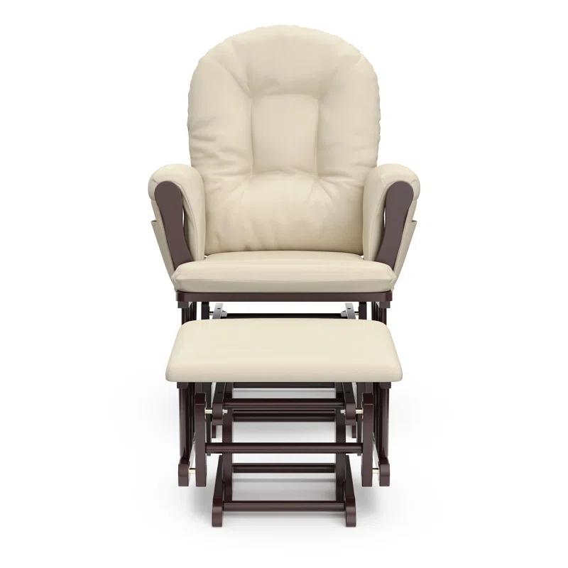 Espresso Wood Glider Chair and Ottoman with Beige Cushions