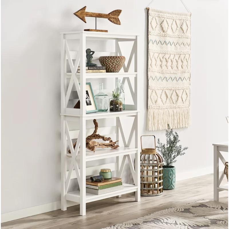 White Wood X-Frame 5-Tier Etagere Bookcase