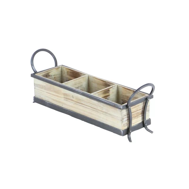 Rustic Pine-Finish Wood Tray with Iron Accents and Dividers, 24"x9"