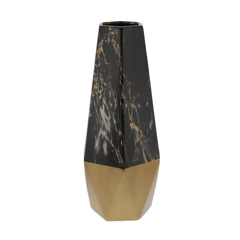 Mercer41 Bhavya Ceramic Faux Marble Decorative Dark Gray Vase with Gold Base
