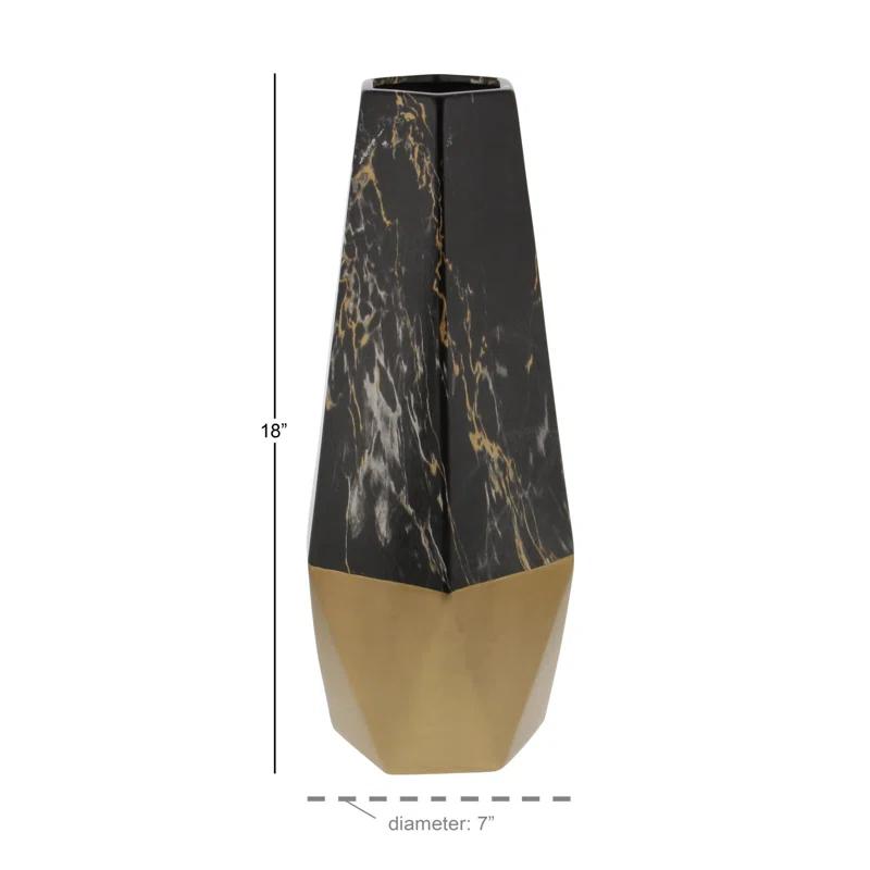 Mercer41 Bhavya Ceramic Faux Marble Decorative Dark Gray Vase with Gold Base