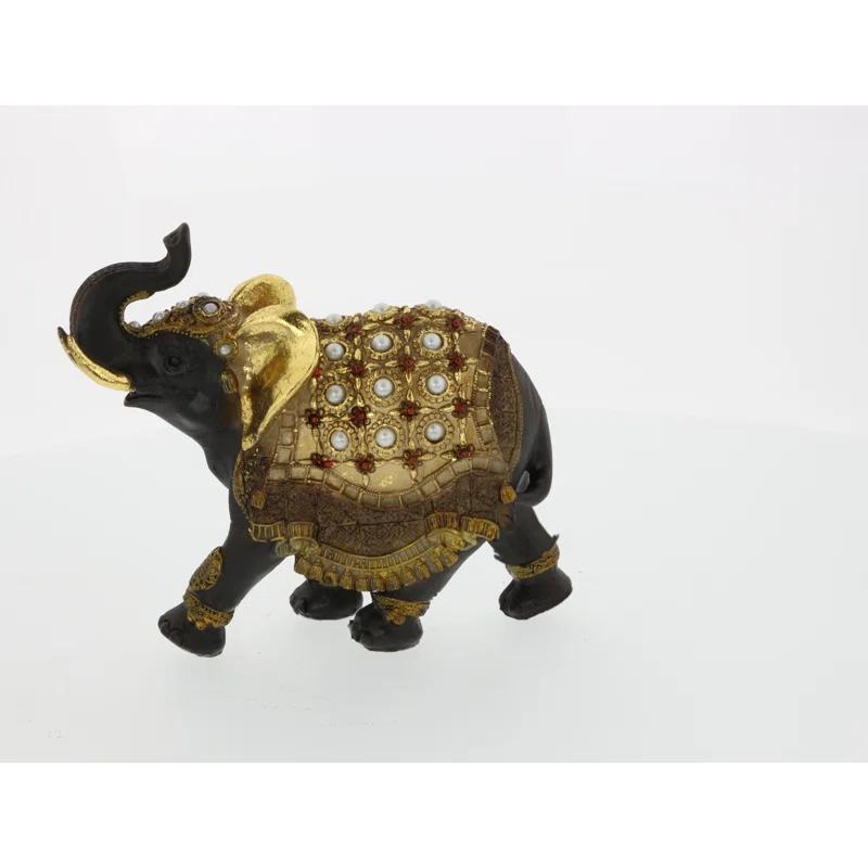 World Menagerie Alfhild Polystone Handmade Decorated Elephant Gold Sculpture with Ornate Dresswear and Pearl Accents Set