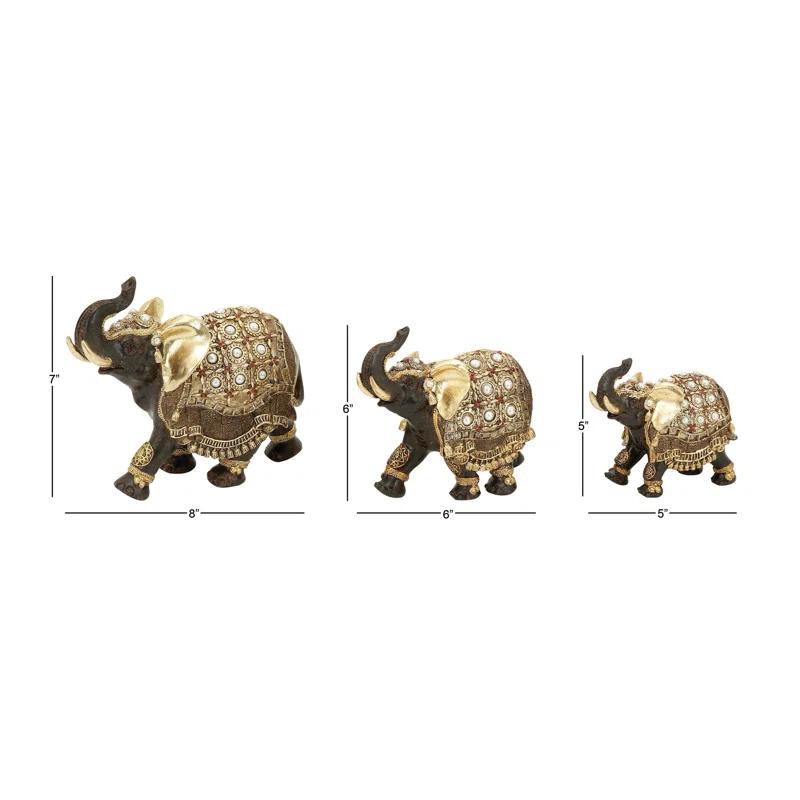 World Menagerie Alfhild Polystone Handmade Decorated Elephant Gold Sculpture with Ornate Dresswear and Pearl Accents Set