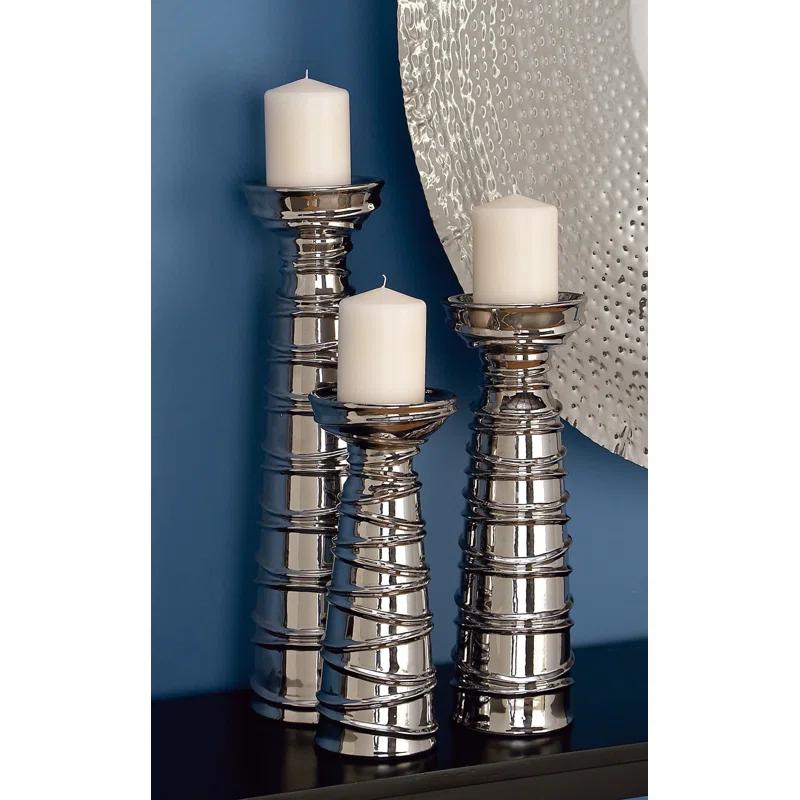 Mercer41 Ceramic Abstract Wrapped Decorative Silver Candle Holder Set