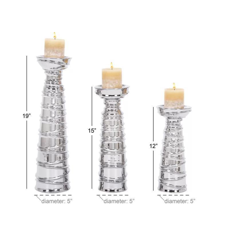 Elegant Silver Ceramic Candlestick Trio, Set of 3