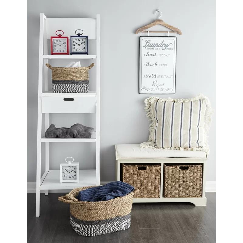 Elegant White Linen Cushioned Storage Bench with Wicker Baskets