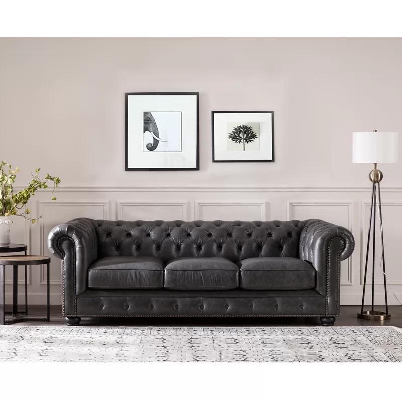 Espresso Finish 95" Grey Genuine Leather Chesterfield Sofa