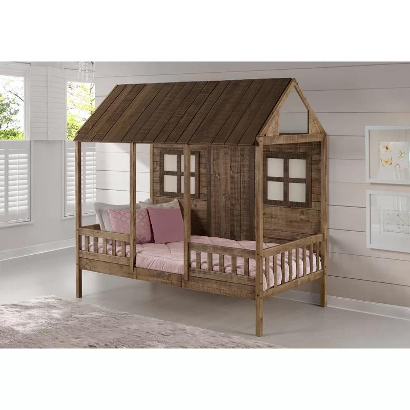 Twin Rustic Driftwood Pine Wood Low Loft Bed with Headboard