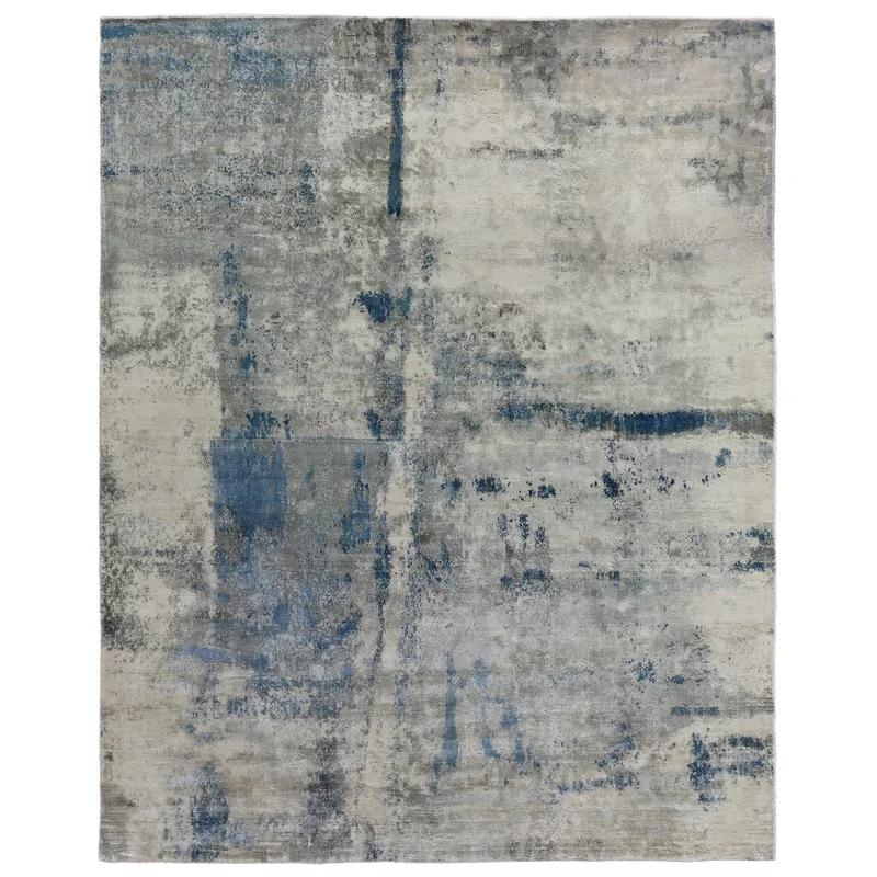 Handmade 10' x 14' Blue Abstract Viscose Cotton Rug