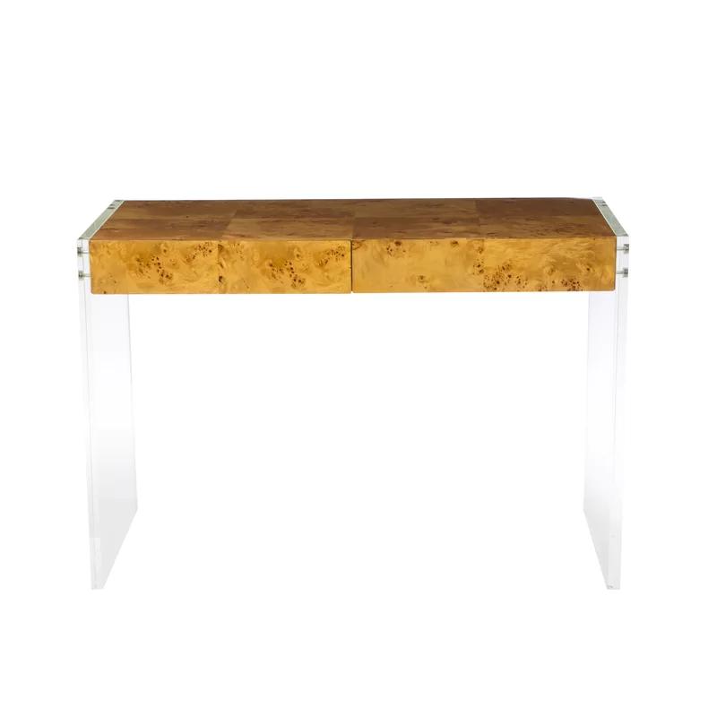 Burled Mappa Wood Desk with Acrylic Legs and Drawer