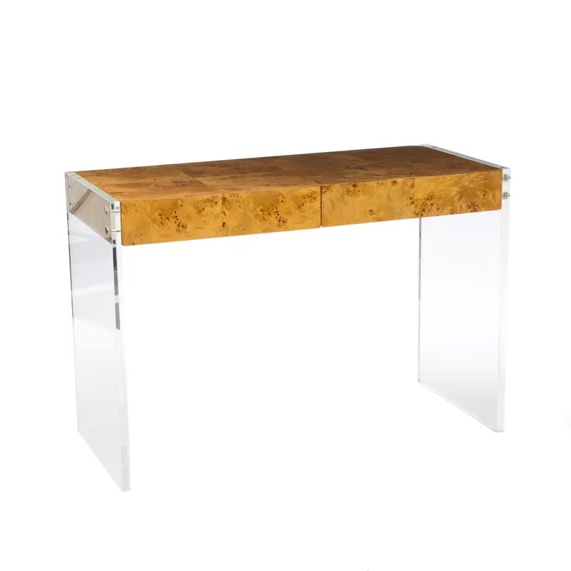 Burled Mappa Wood Desk with Acrylic Legs and Drawer