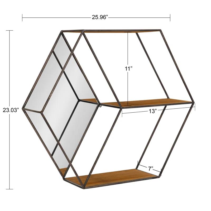 HexaShelf Rustic Brown Floating Hexagon Wall Shelf with Mirror