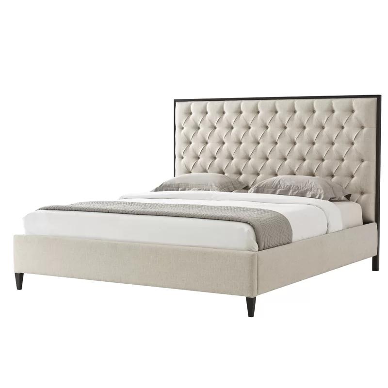 Contemporary Beige Tufted King Platform Bed with Wood Frame