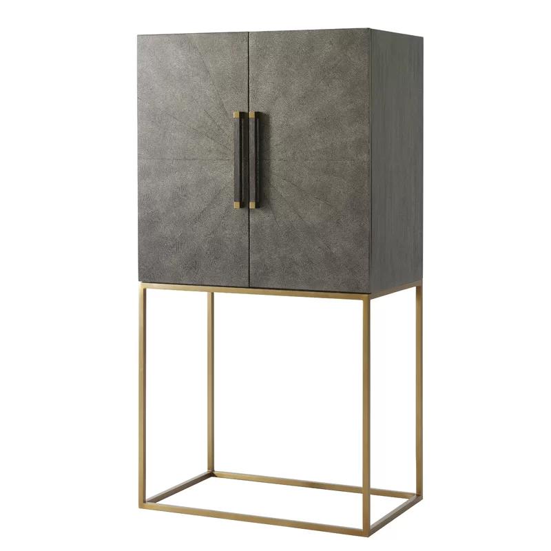 Contemporary Gray Travers Embossed Leather Bar Cabinet with LED