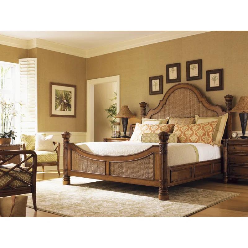 Coastal Queen Poster Bed with Upholstered Headboard and Drawer