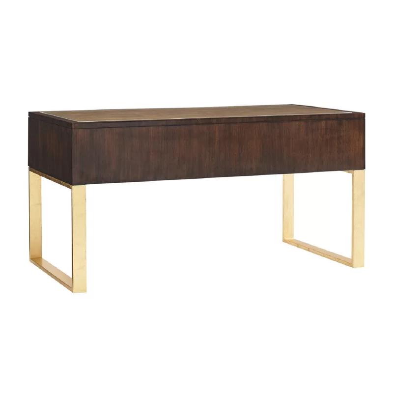 Bel Aire Gold Leaf Accented Brown Home Office Desk with Glass Top