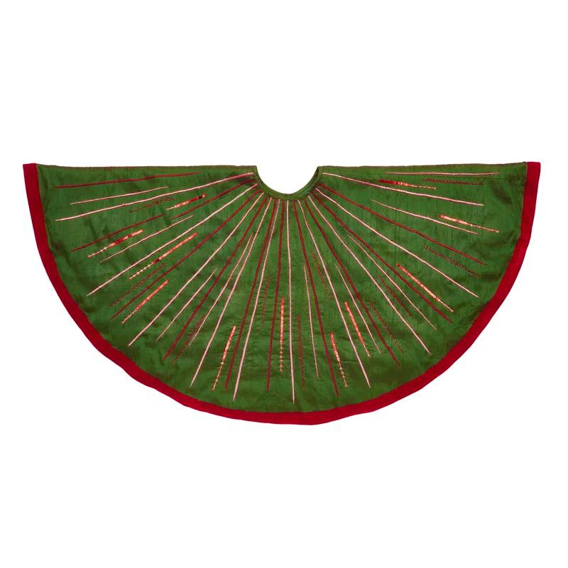 Hand Beaded Green Silk Christmas Tree Skirt with Red Velvet Trim - 60"