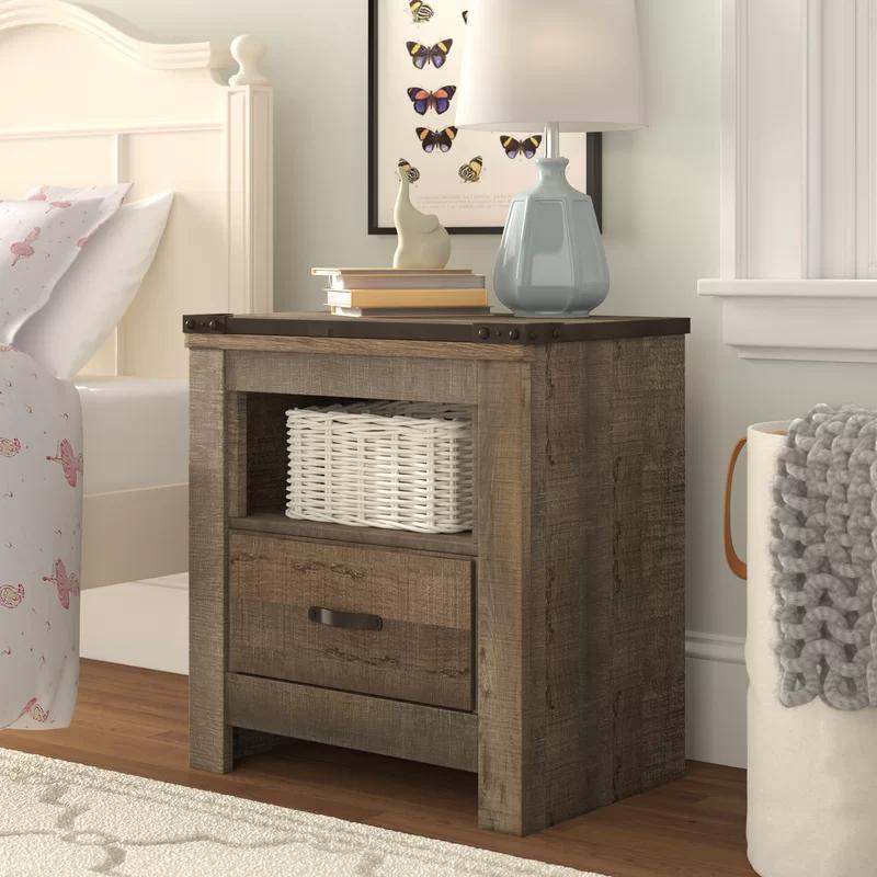 Rustic Charm Brown Nightstand with Built-in Charging Station